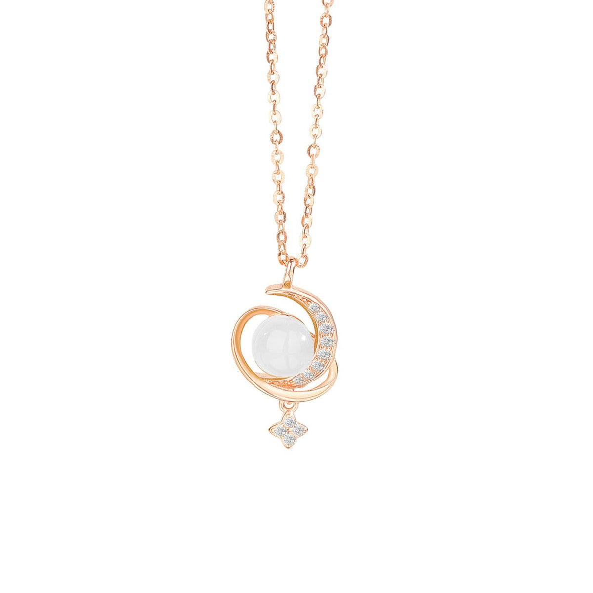 Jade Moon Star Planet Saturn Necklace in 925 Sterling Silver: Silver/White Jade