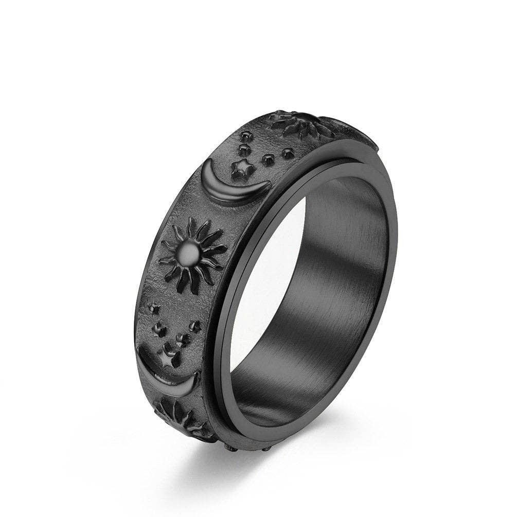 Sun Moon Star Fidget Spinner Band Ring in Stainless Steel: Silver/With Engrave / 7 US
