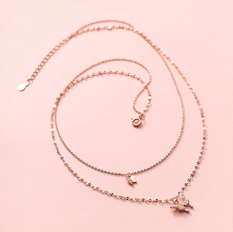 Butterfly Double Layering Necklace in 925 Sterling Silver: Silver