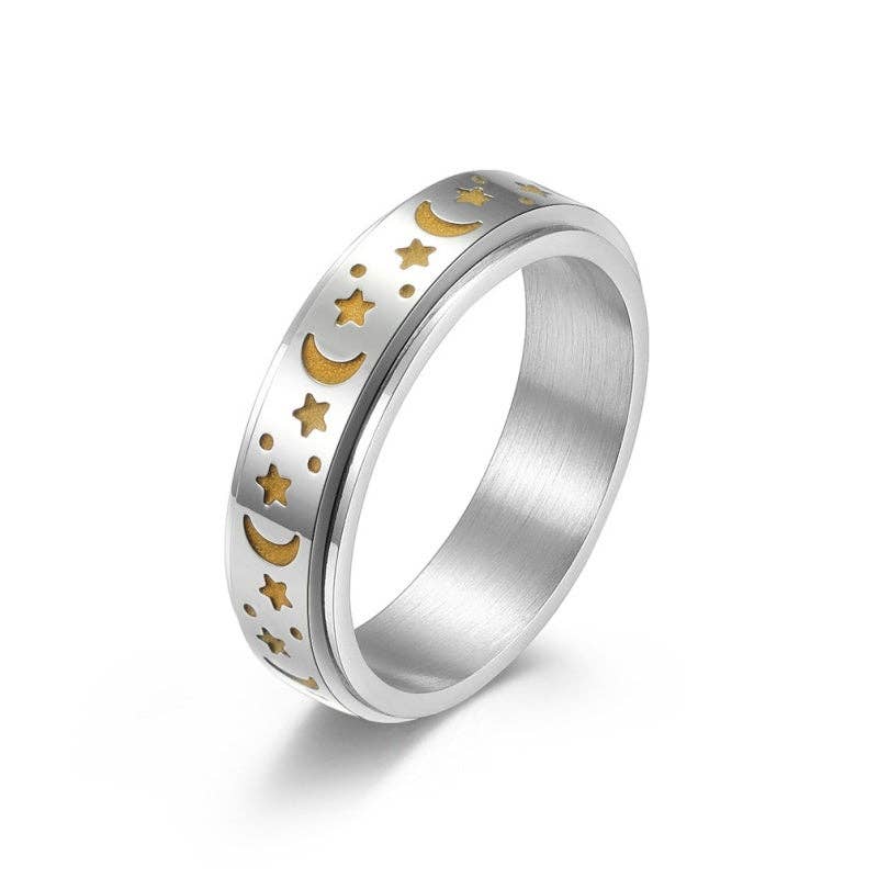 Luminous Moon Star Fidget Spinner Ring in Stainless Steel: Luminous Black / 4 US