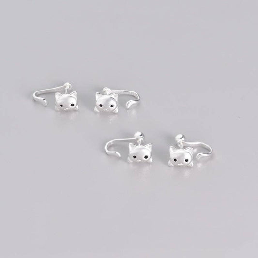 Kitty Cat Tail Ear Jacket Earrings in 925 Sterling Silver: Push back