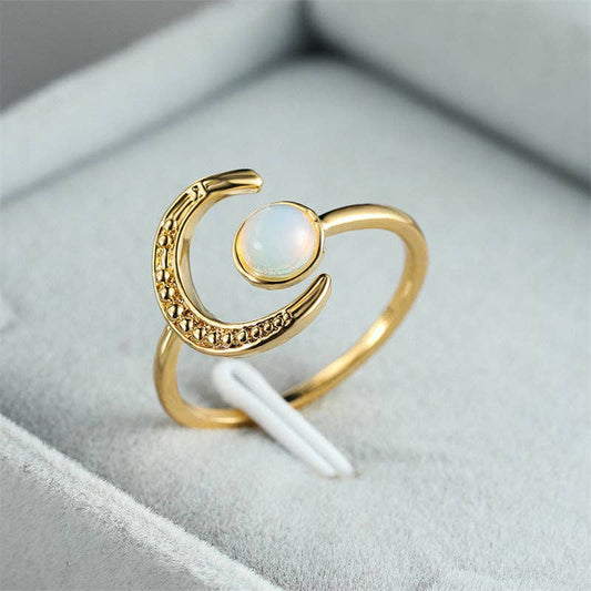 Dainty Moonstone Sun Moon Star Stacking Ring in Solid Copper: Silver