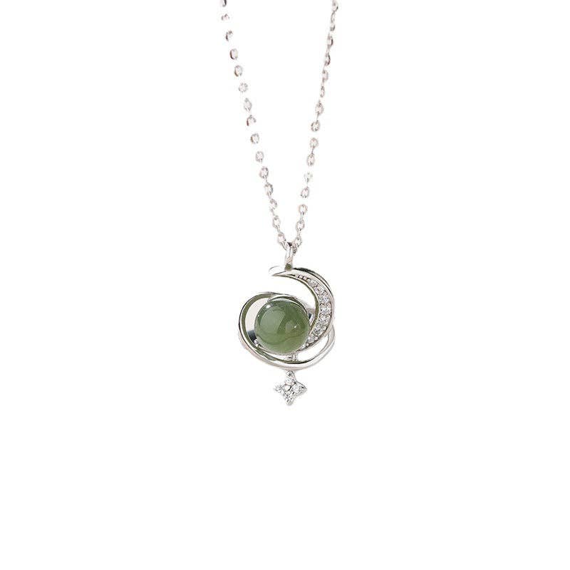 Jade Moon Star Planet Saturn Necklace in 925 Sterling Silver: Silver/Green Jade
