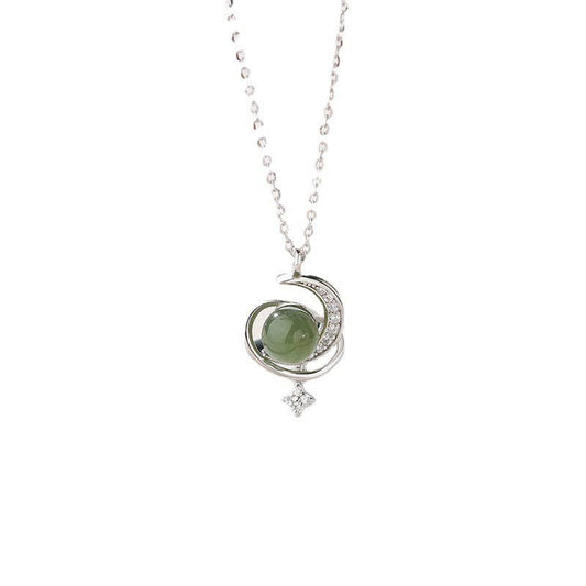 Jade Moon Star Planet Saturn Necklace in 925 Sterling Silver: Silver/Green Jade