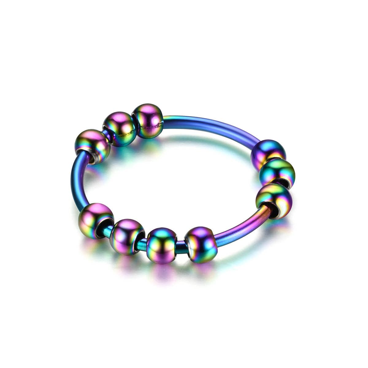 Ball Anxiety Fidget Spinner Couple Ring in Stainless Steel: Rainbow / 6 US