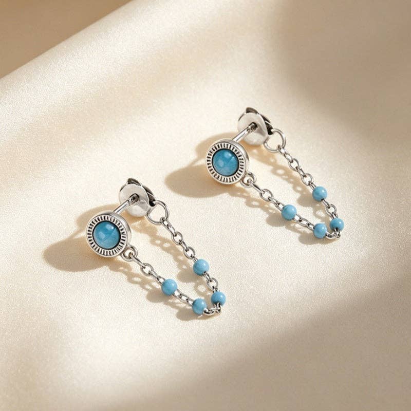 Turquoise Beaded Chain Stud Earrings in 925 Sterling Silver