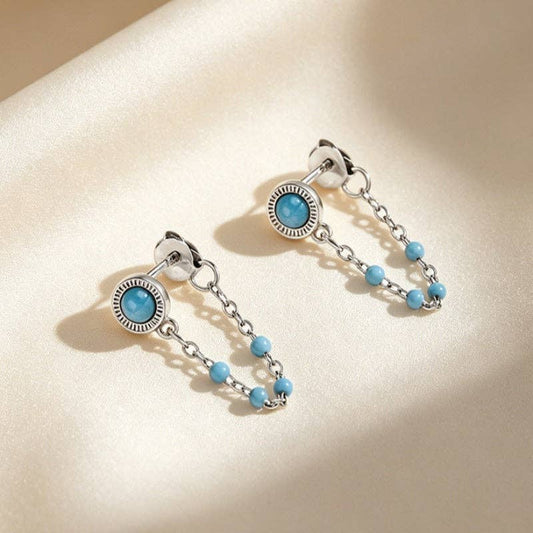 Turquoise Beaded Chain Stud Earrings in 925 Sterling Silver