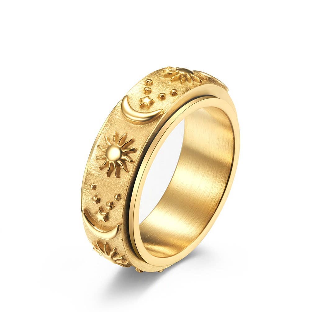 Sun Moon Star Fidget Spinner Band Ring in Stainless Steel: Silver/With Engrave / 6 US