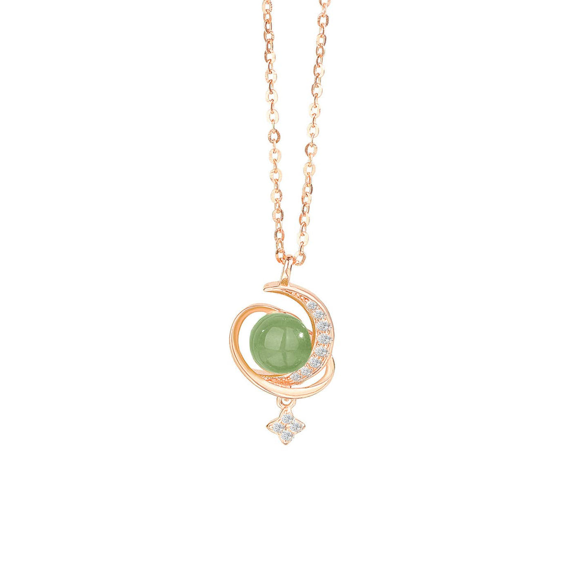 Jade Moon Star Planet Saturn Necklace in 925 Sterling Silver: Silver/White Jade