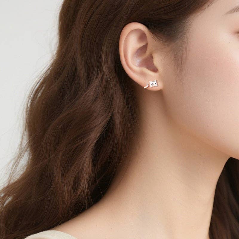 Kitty Cat Tail Ear Jacket Earrings in 925 Sterling Silver: Push back