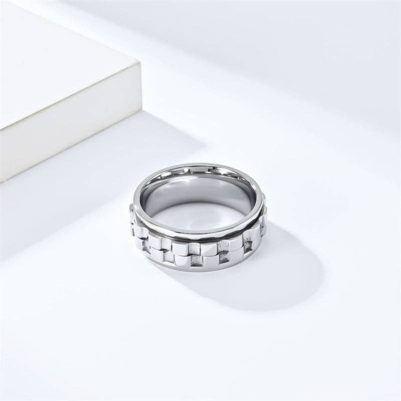 Cogwheel Anxiety Fidget Spinner Band Ring in Stainless Steel: 7 US / Silver/No Engrave