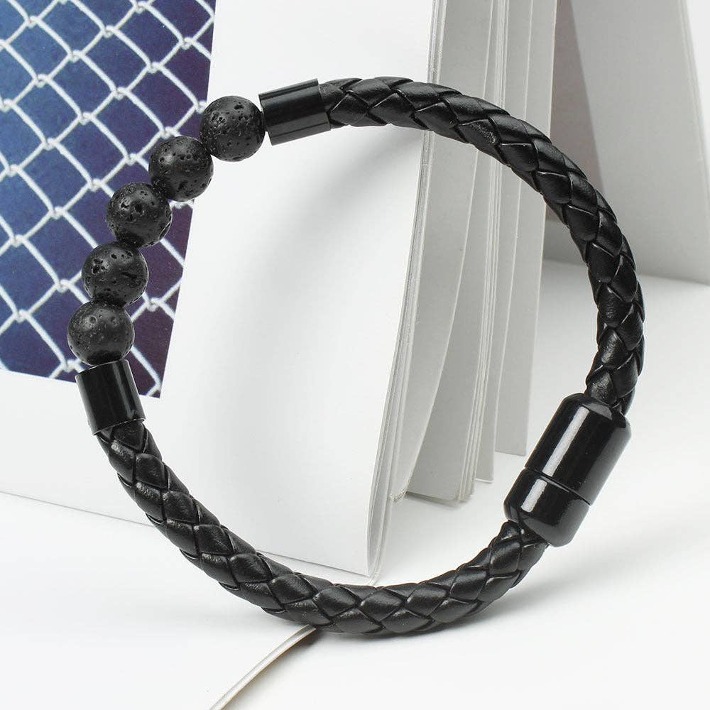 Natural Crystal Stone Bead Leather Bracelet in PU Leather: Lava