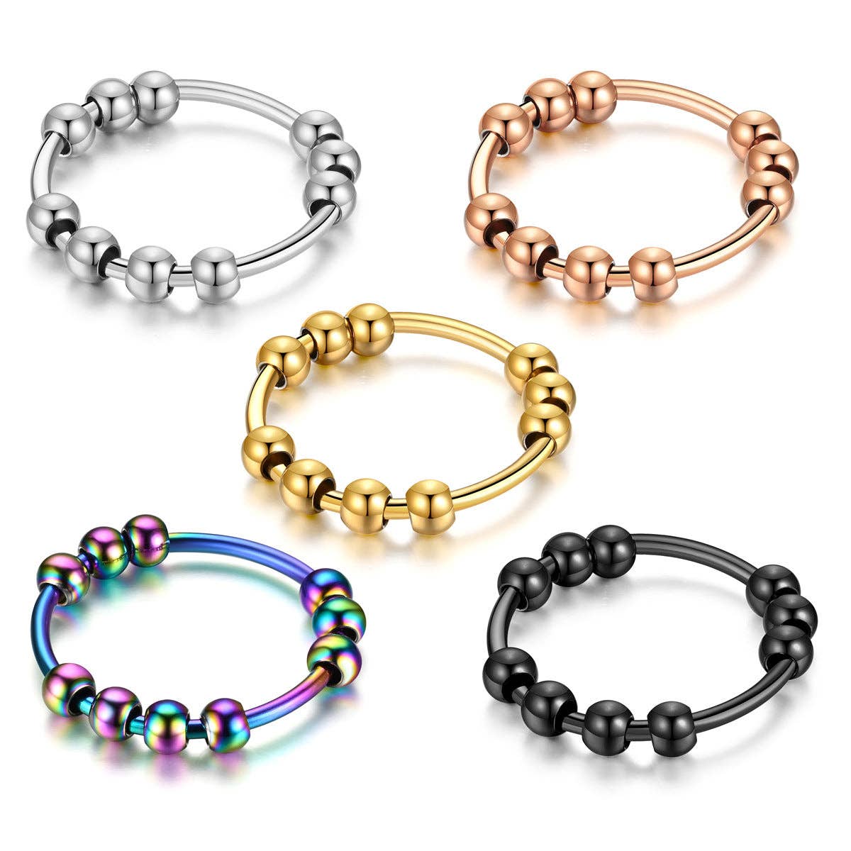 Ball Anxiety Fidget Spinner Couple Ring in Stainless Steel: Rainbow / 6 US