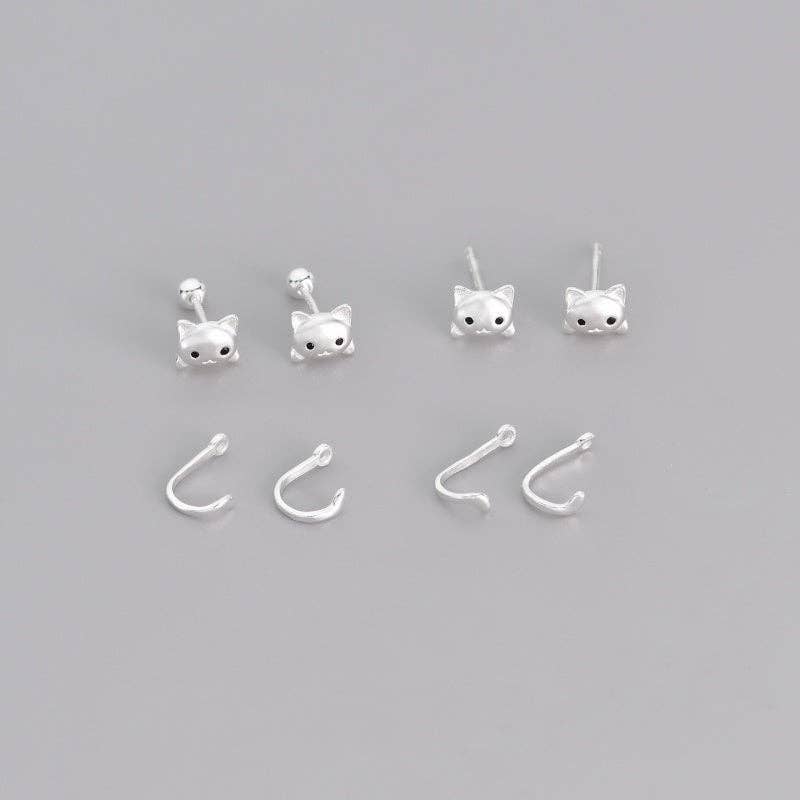 Kitty Cat Tail Ear Jacket Earrings in 925 Sterling Silver: Push back