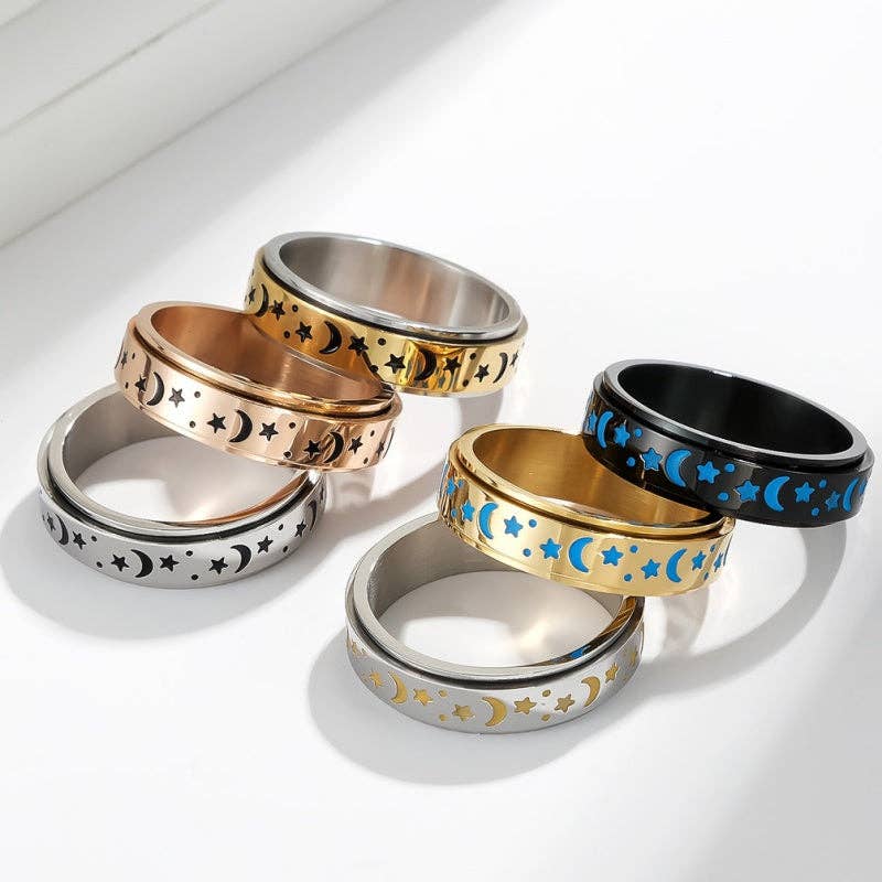 Luminous Moon Star Fidget Spinner Ring in Stainless Steel: Luminous Black / 4 US