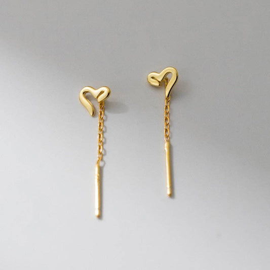 Heart Chain Drop Threader Earrings in 925 Sterling Silver: Gold