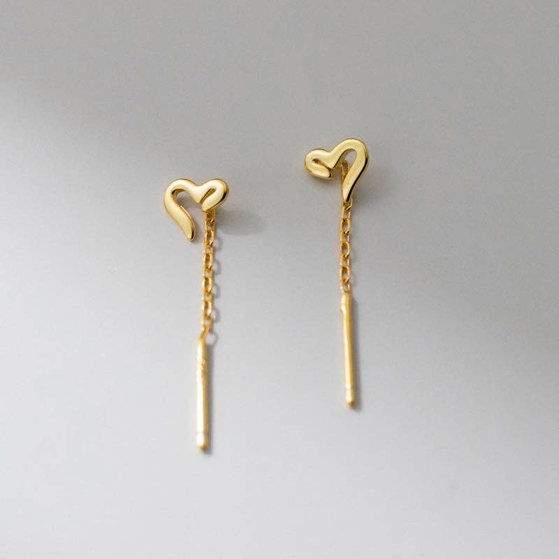 Heart Chain Drop Threader Earrings in 925 Sterling Silver: Silver