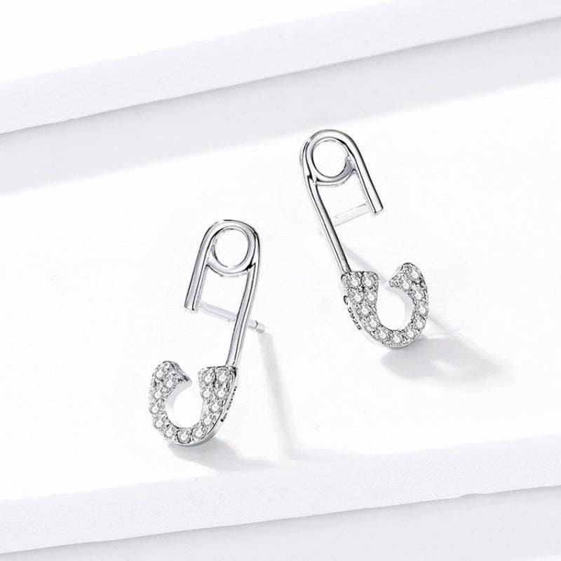Punk Pave CZ Paperclip Stud Earrings in 925 Sterling Silver