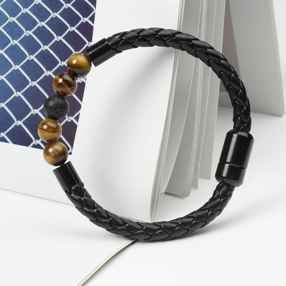 Natural Crystal Stone Bead Leather Bracelet in PU Leather: Lava