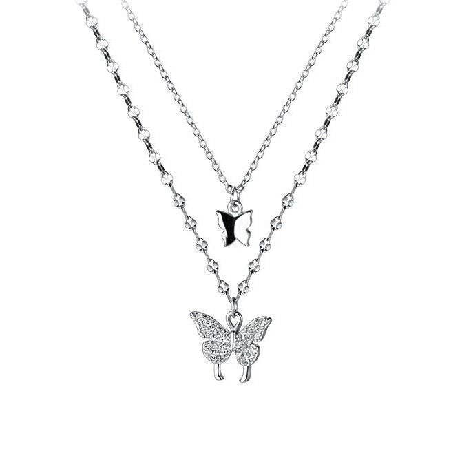 Butterfly Double Layering Necklace in 925 Sterling Silver: Silver