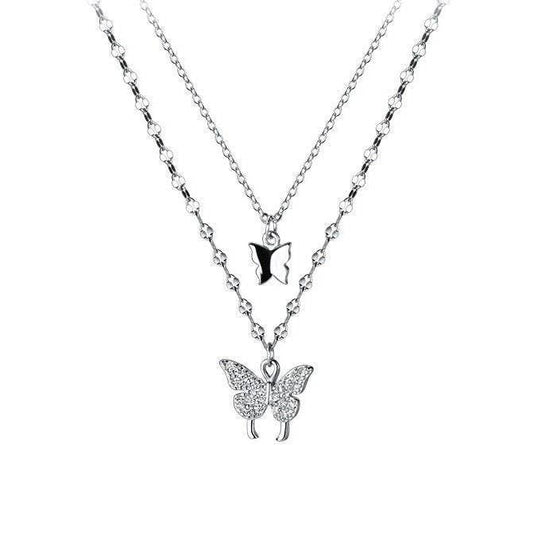 Butterfly Double Layering Necklace in 925 Sterling Silver: Silver