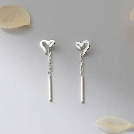 Heart Chain Drop Threader Earrings in 925 Sterling Silver: Silver