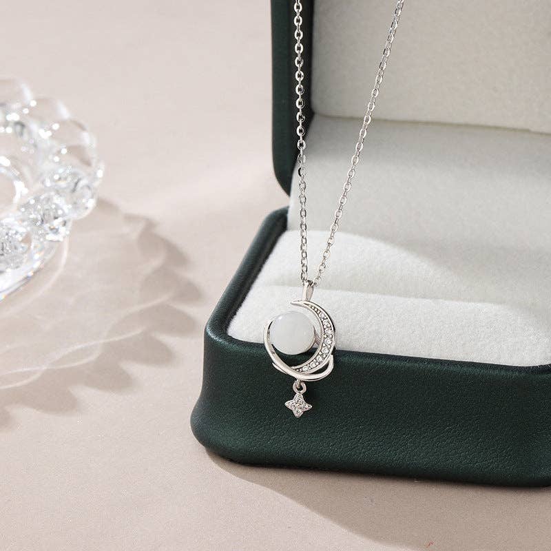 Jade Moon Star Planet Saturn Necklace in 925 Sterling Silver: Silver/White Jade