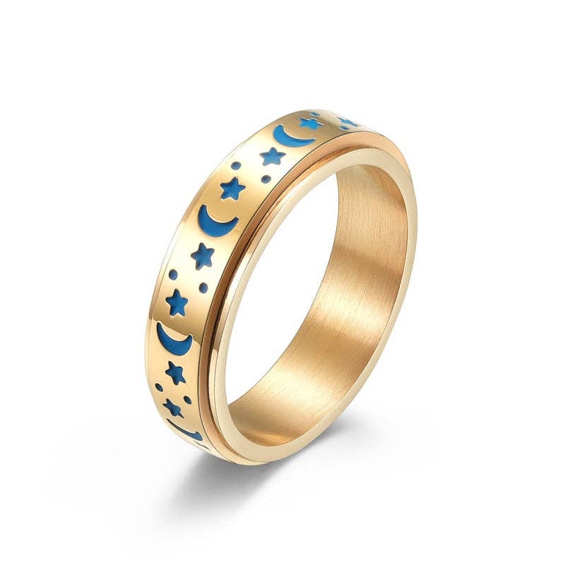 Luminous Moon Star Fidget Spinner Ring in Stainless Steel: Luminous Black / 4 US