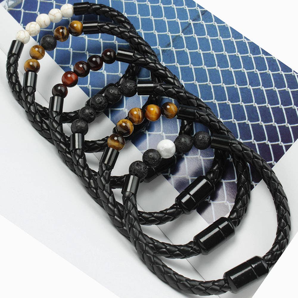 Natural Crystal Stone Bead Leather Bracelet in PU Leather: Lava