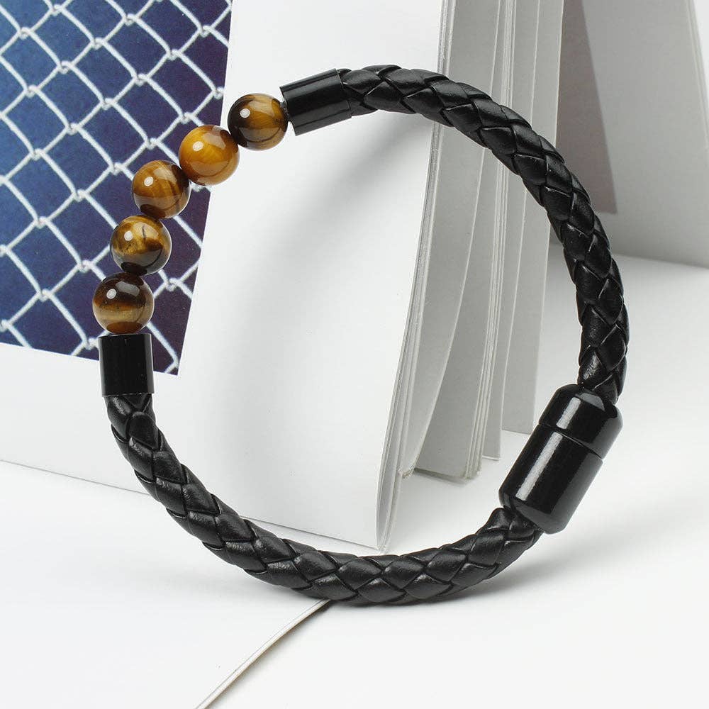 Natural Crystal Stone Bead Leather Bracelet in PU Leather: Lava