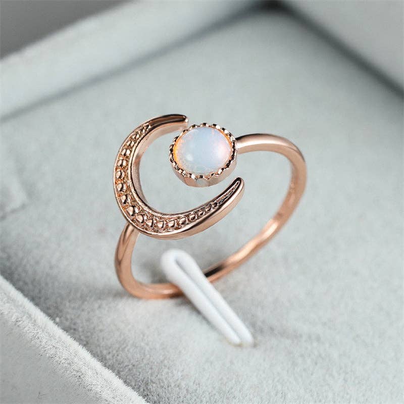 Dainty Moonstone Sun Moon Star Stacking Ring in Solid Copper: Silver