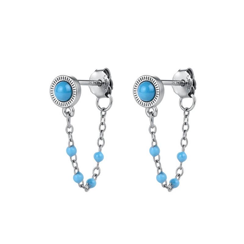 Turquoise Beaded Chain Stud Earrings in 925 Sterling Silver