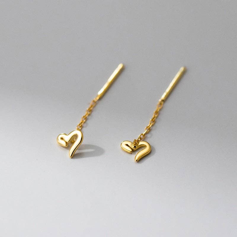Heart Chain Drop Threader Earrings in 925 Sterling Silver: Gold