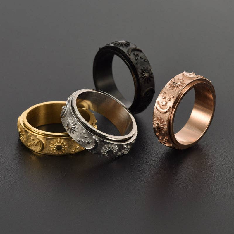 Sun Moon Star Fidget Spinner Band Ring in Stainless Steel: Silver/With Engrave / 6 US