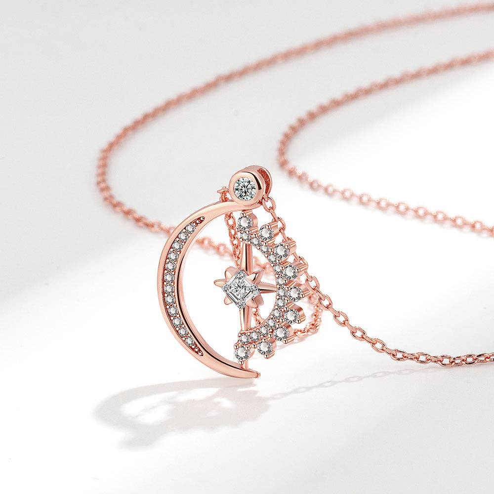 Sun Moon Star Fidget Spinner Charm Necklace in Solid Copper: Rose gold
