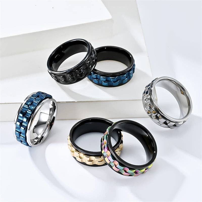 Cogwheel Anxiety Fidget Spinner Band Ring in Stainless Steel: 7 US / Silver/No Engrave
