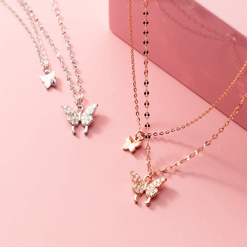 Butterfly Double Layering Necklace in 925 Sterling Silver: Silver