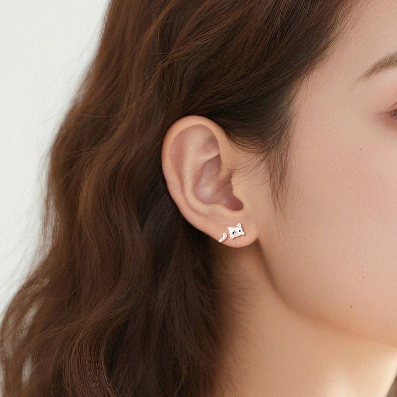 Kitty Cat Tail Ear Jacket Earrings in 925 Sterling Silver: Push back