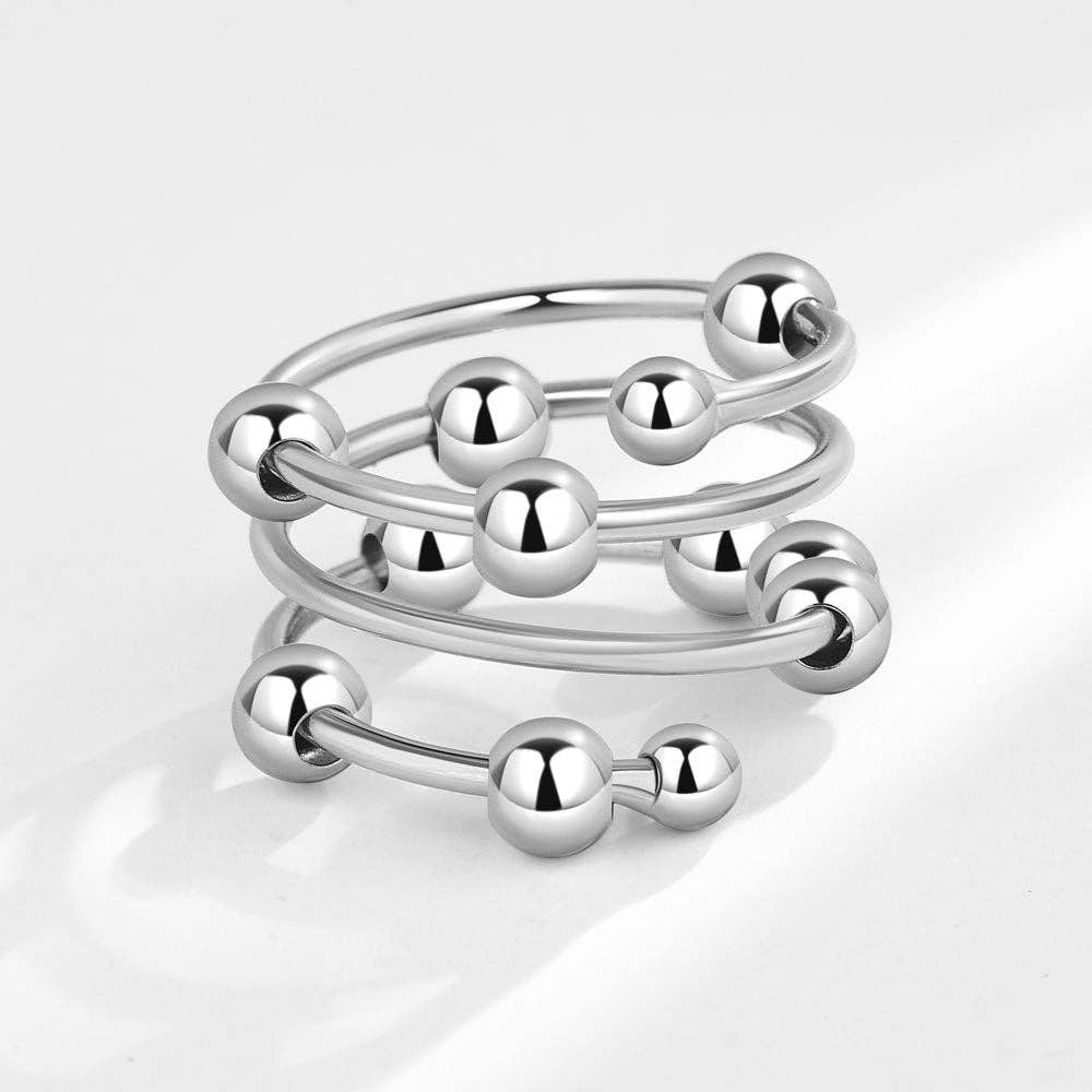 Layered Bead Anxiety Fidget Spinner Ring in Solid Copper: Silver