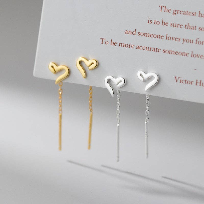 Heart Chain Drop Threader Earrings in 925 Sterling Silver: Gold