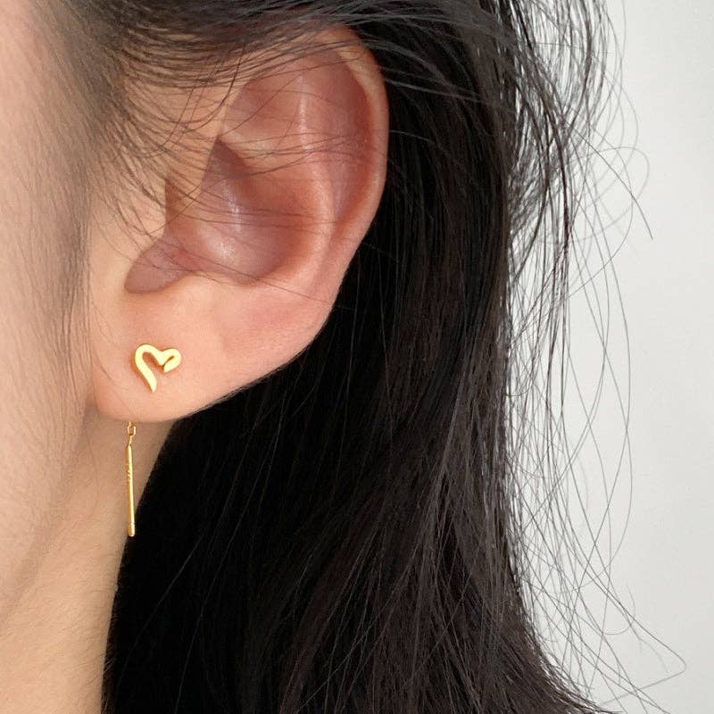 Heart Chain Drop Threader Earrings in 925 Sterling Silver: Gold