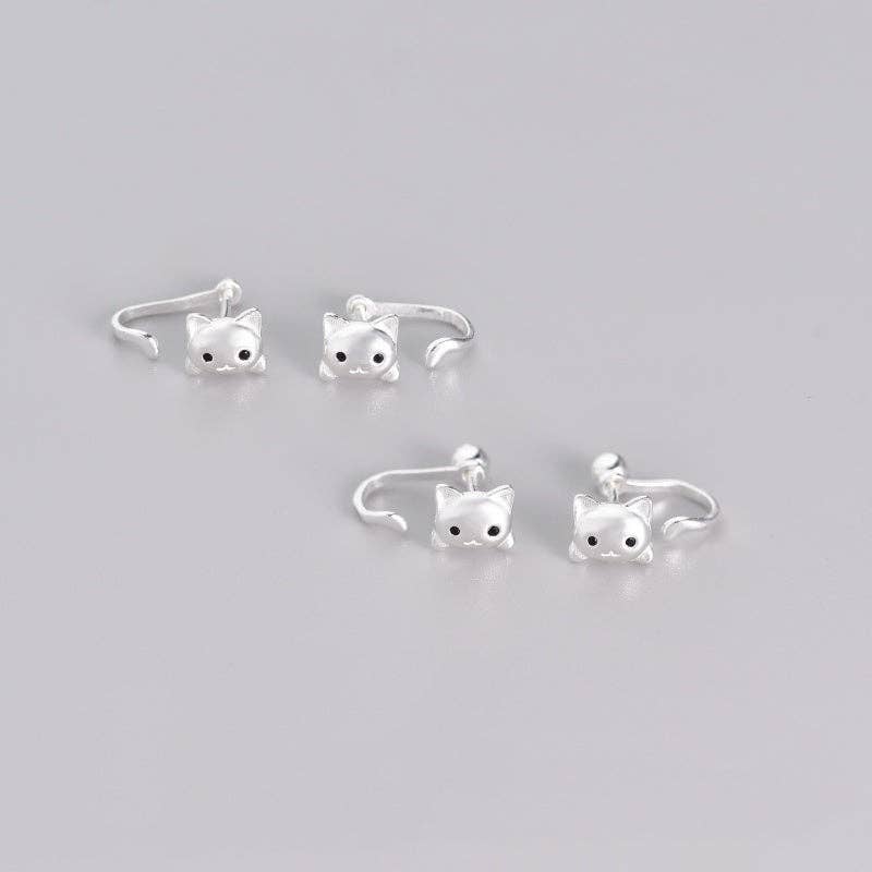 Kitty Cat Tail Ear Jacket Earrings in 925 Sterling Silver: Push back