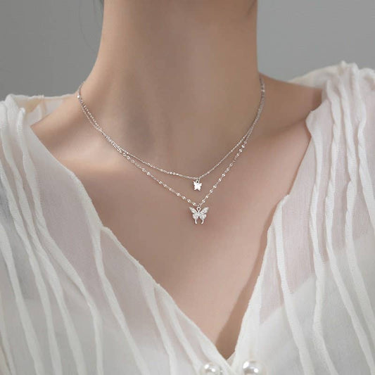Butterfly Double Layering Necklace in 925 Sterling Silver: Silver