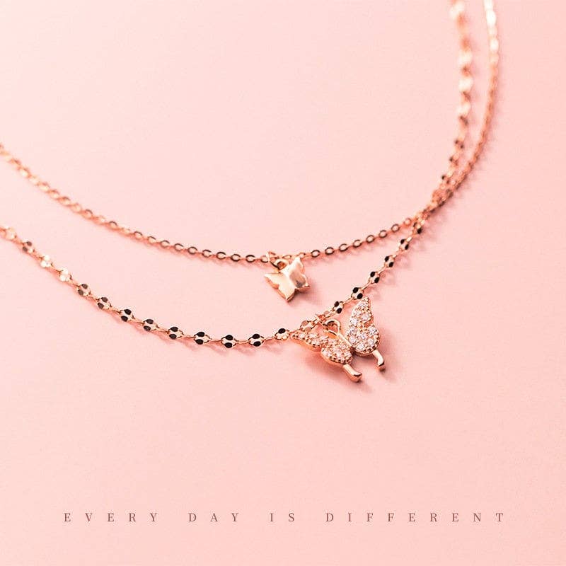 Butterfly Double Layering Necklace in 925 Sterling Silver: Silver