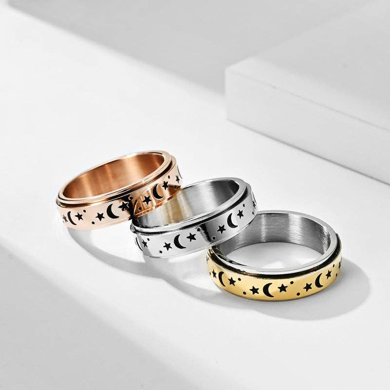 Luminous Moon Star Fidget Spinner Ring in Stainless Steel: Luminous Black / 4 US