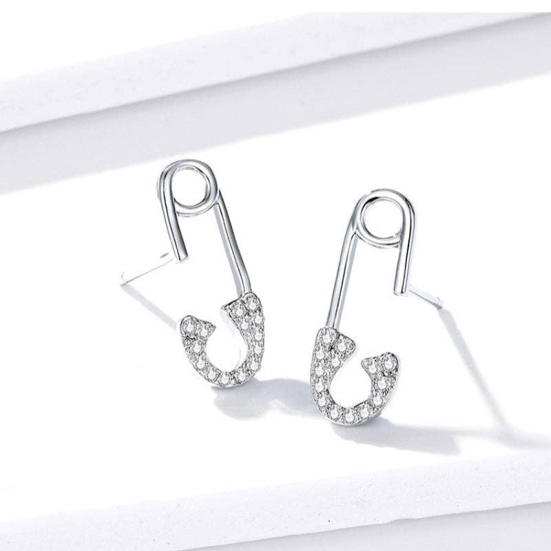 Punk Pave CZ Paperclip Stud Earrings in 925 Sterling Silver