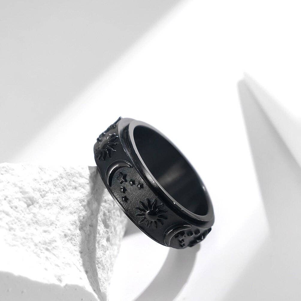 Sun Moon Star Fidget Spinner Band Ring in Stainless Steel: Silver/With Engrave / 6 US