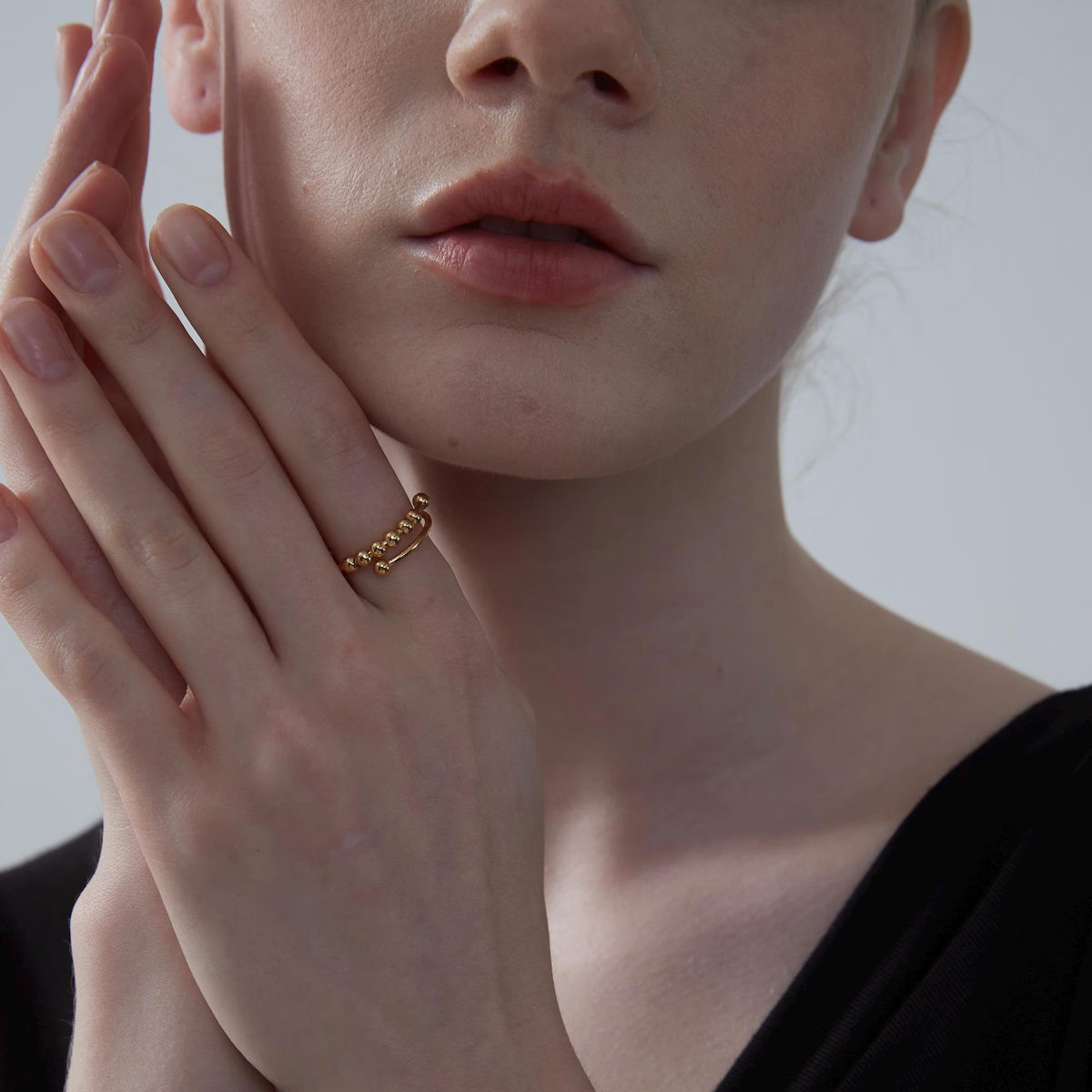 Beaded Anxiety Fidget Spinner Ring in 925 Sterling Silver: Yellow Gold