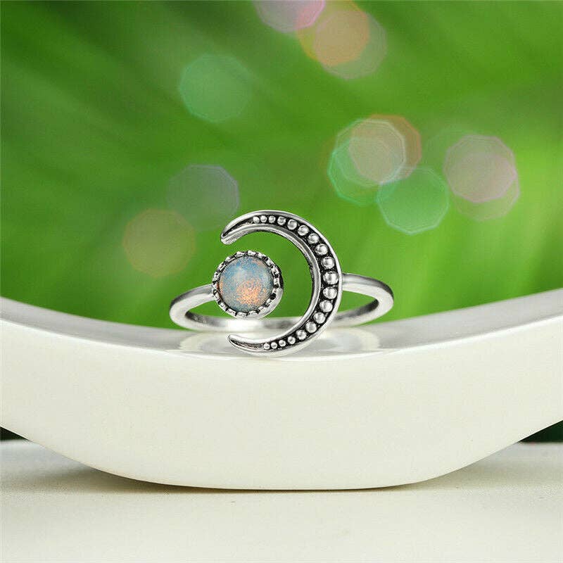 Dainty Moonstone Sun Moon Star Stacking Ring in Solid Copper: Silver