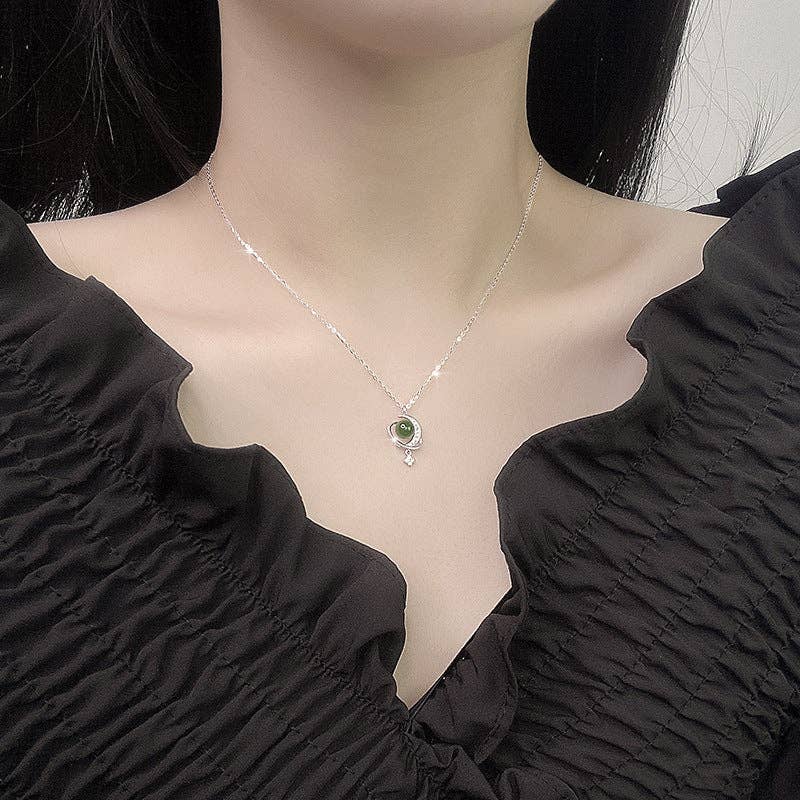 Jade Moon Star Planet Saturn Necklace in 925 Sterling Silver: Silver/Green Jade